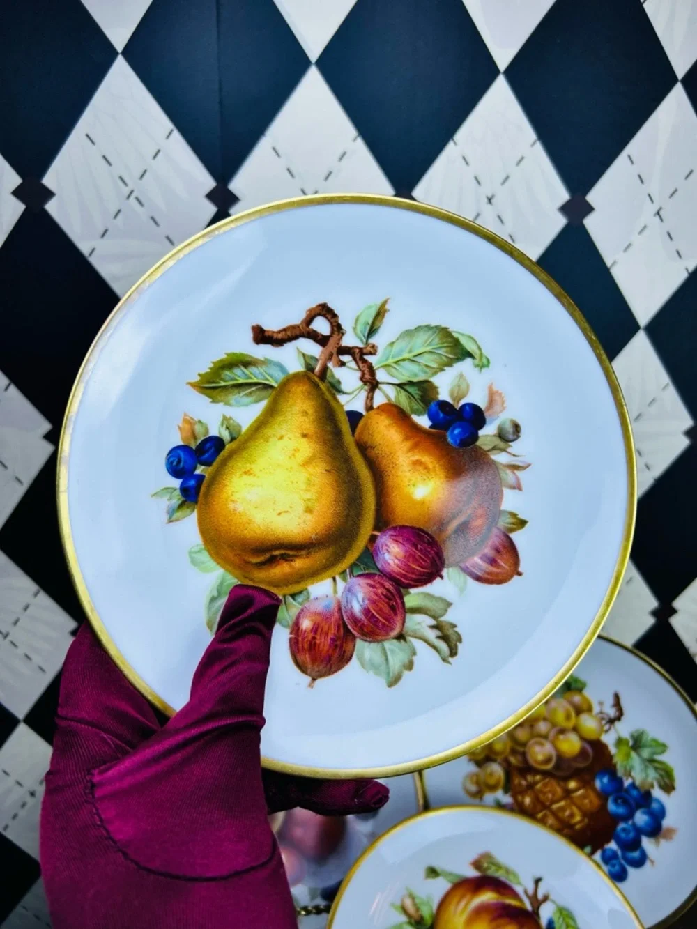 Vintage Mitterteich Bavaria Fruit Plates Set‎ of 6 Gold Rim German Porcelain